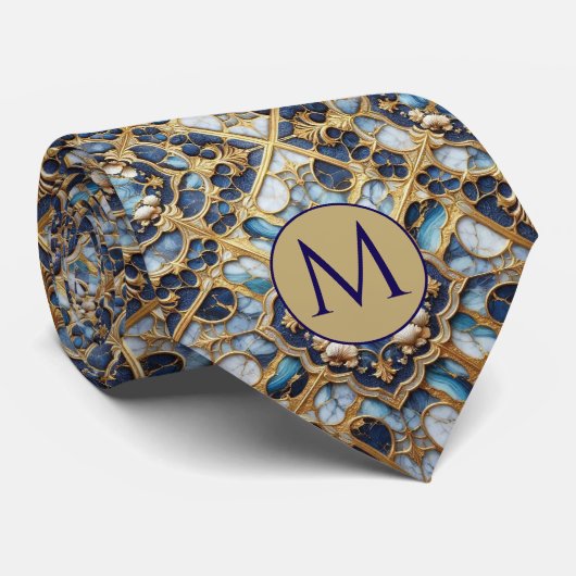 Col cravate en faux soie Monogram | Bleu + Marbre (Roulé)