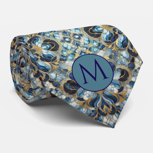 Col cravate en faux soie Monogram | Bleu + Marbre (Roulé)