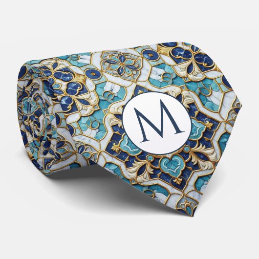 Col cravate en faux soie Monogram | Bleu + Marbre (Roulé)