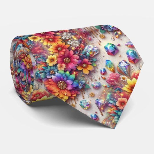 Col cravate flamboyant | Fleurs arc-en-ciel et dia (Roulé)