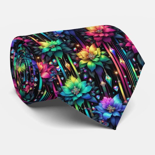 Col cravate flamboyant | Fleurs arc-en-ciel et dia (Roulé)
