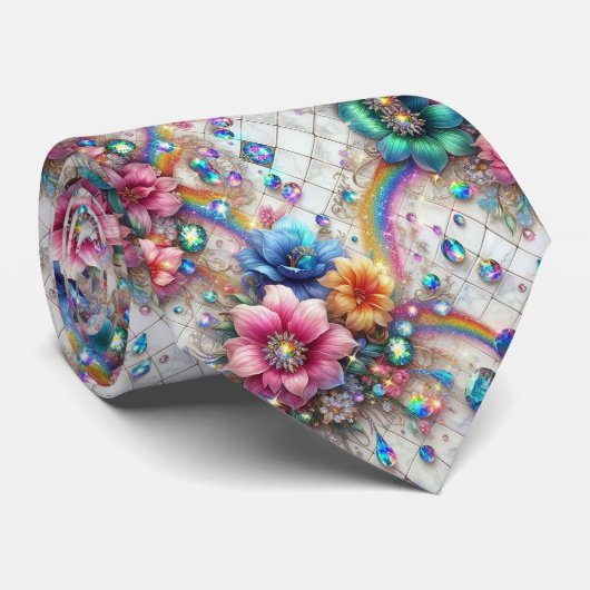 Col cravate flamboyant | Fleurs et diamants arc-en (Roulé)