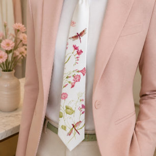 Col cravate fleur rose libellule