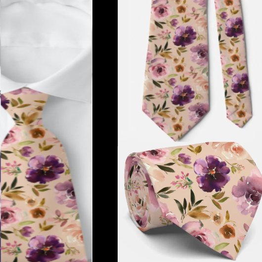 Col cravate fleuri aquarelle rose crème violet Cou