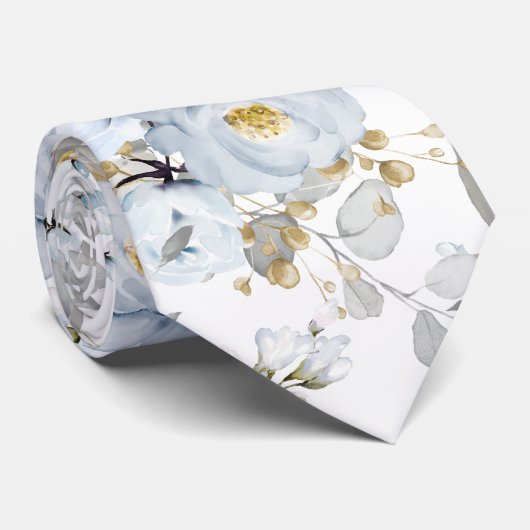 Col cravate fleurs aquarelle bleu poussiéreux pivo (Roulé)