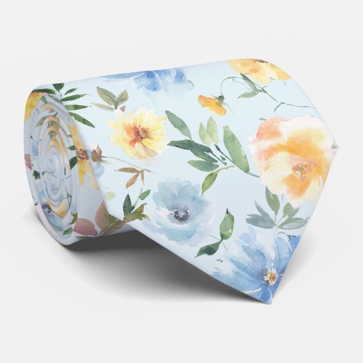 Col cravate fleurs bleu et jaune (Roulé)
