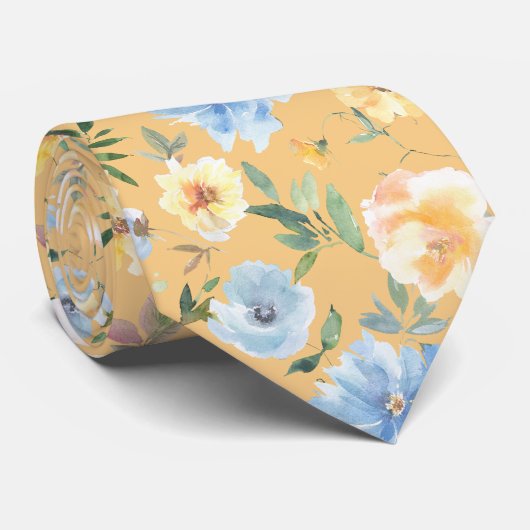 Col cravate fleurs bleu et jaune (Roulé)