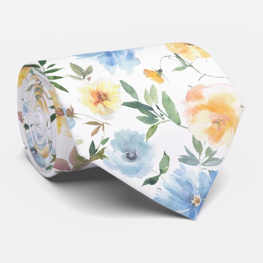 Col cravate fleurs bleu et jaune (Roulé)