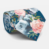 Col cravate fleurs roses bleu marine et rose (Roulé)