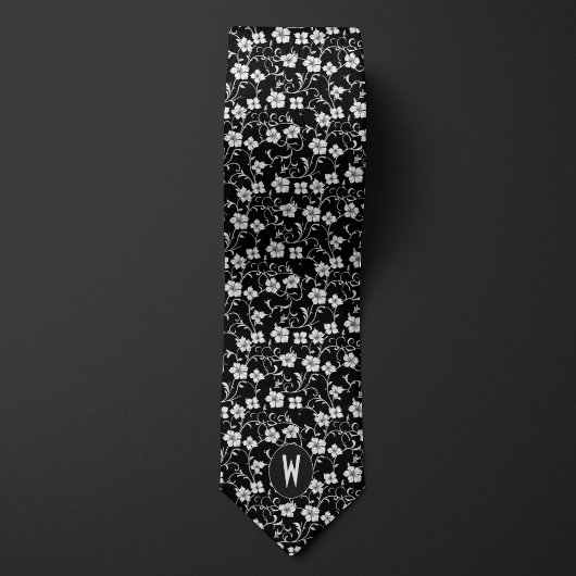 Col cravate floral noir et blanc