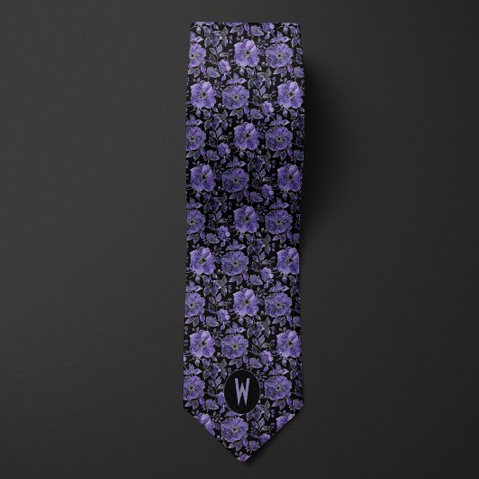 Col cravate floral orchidée violette sur fond noir