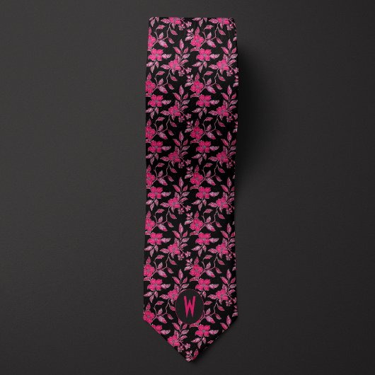 Col cravate floral rose sur fond noir