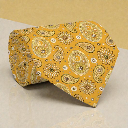 Col cravate jaune paisley rétro hippie