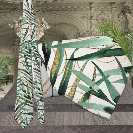 Col cravate mariage palme tropicale or feuilles de