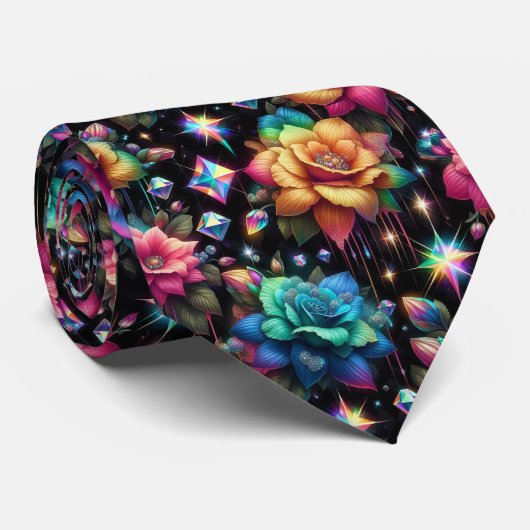 Col extravagant cravate | Fleurs arc-en-ciel et di (Roulé)