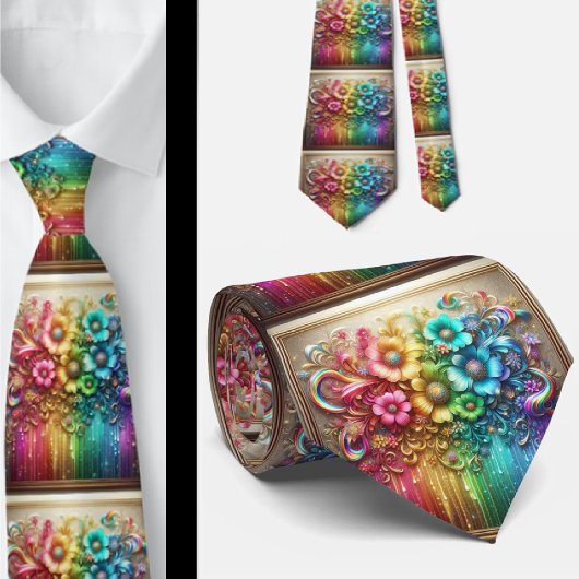 Col extravagant cravate | Fleurs arc-en-ciel faux