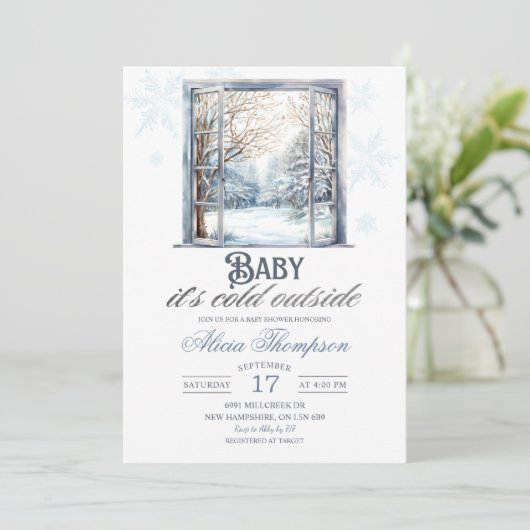 Cold Outside Dusty Blue Window Boy Baby Shower Kaart (Staand voorkant)
