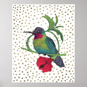 Colibri Bird Illustration Gold Bronze Stip Poster
