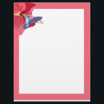 Colibri bleu et vert<br><div class="desc">Ce papier à en-tête coloré présente ma peinture d'un colibri bleu et vert en vol se nourrissant d'un Hibiscus rouge contre un arrière - plan blanc uni à la bordure correspondante. Parfait pour ajouter du style et un soupçon d'exotisme à vos lettres</div>
