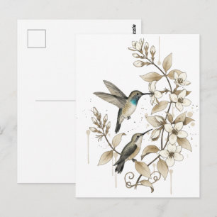 Colibri et carte postale florale - Art aquarelle
