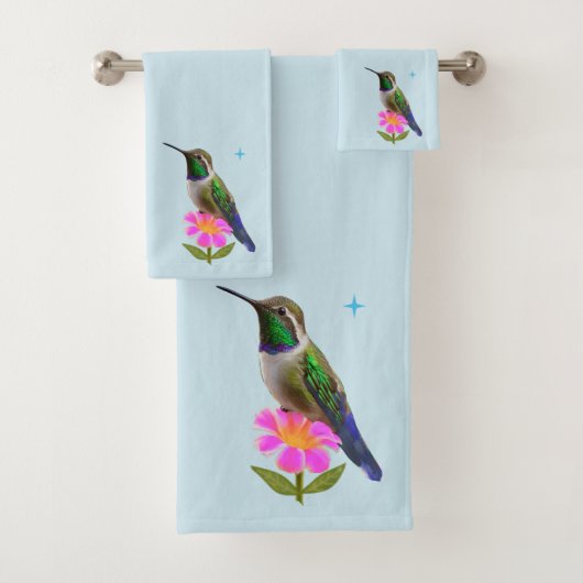 Colibri moderne et fleur sur fond bleu clair (En situation)
