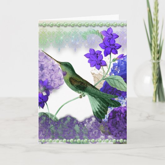 Colibri vert avec fleurs, dentelle, carte perles (Devant)