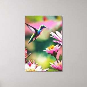 Colibri volant vers une impression sur toile de fl