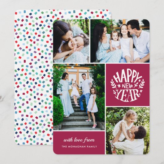Collage 4 Photo Carte Nouvel An | Magenta (Devant / Derrière)