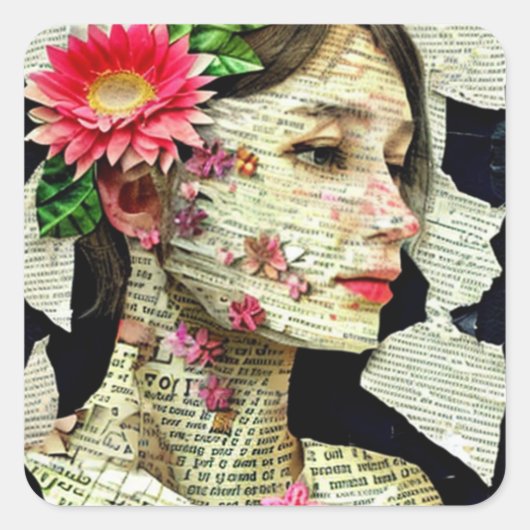 Collage Art | Lady Typografie Vierkante Sticker (Voorkant)