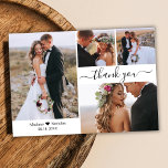 Collage de photos budgétaires Carte de remerciemen<br><div class="desc">Elégant, minimaliste moderne 4 Photo Collage Script Mariage Merci abordable faible budget carte mince. Un mariage élégant vous remercie modèle avec quatre photos à l'avant et une photo à l'arrière. Avec le texte "Merci" dans une police tourbillonnant de typographie lettrée ou de script de calligraphie avec swash ou en noir...</div>
