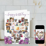 Collage de photos du coeur Purple Floral Carte d'a<br><div class="desc">Dites Joyeux anniversaire à une dame spéciale avec un coeur d'amour carte photo collage décoré de jolies fleurs violettes. Le modèle photo est configuré pour que vous puissiez ajouter vos images, en travaillant en ligne de haut en bas. Le collage photo contient 29 photos qui sont exposées dans un mélange...</div>