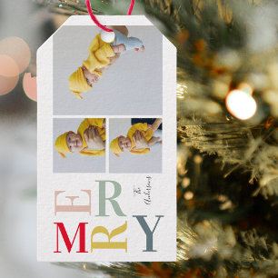 Collage foto's en kleurrijke groeven Happy Holid Cadeaulabel