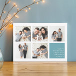 Collage moderne | CARTE PHOTO HANOUKKA<br><div class="desc">La carte de collage photo Hanoukka moderne comprend cinq photos carrés dans une grille,  avec votre message de vacances personnel et les noms en blanc sur aqua poussiéreux en bas à droite. Design Hanoukka simple et minimal qui montre vos photos préférées.</div>