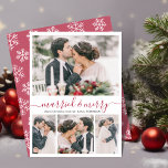 Collage moderne Marié et Joyeuse carte de Noël<br><div class="desc">Calligraphie moderne élégante Calligraphie blanche et rouge 4 Collage photo Marié et Joyeuse carte de Noël. Cette carte de noël mimimaliste festive et mariée comporte quatre (4) photos de grille et le texte de salut "Marié et Joyeux" qui est écrit dans une belle tourbillonnant lettre à la main type de...</div>