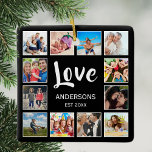 Collage photo de famille personnalisée Noir person<br><div class="desc">Créez votre propre collage photo personnalisé 12, ornement de Noël avec vos images personnalisées sur un simple arrière - plan noir moderne. Le visage des fêtes de Noël comporte également votre nom de famille, année établie et un script manuscrit "Amour". Ajoutez vos photos, designs ou oeuvres d'art préférés pour créer...</div>