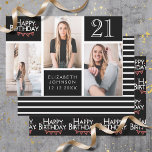 Collage photo en noir blanc tendance 21e anniversa<br><div class="desc">Enveloppez ces cadeaux avec style avec ce pack de papier d'anniversaire coordonné. La première feuille présente un design de collage photo branché qui offre de l'espace pour trois photos. Vous pouvez ajouter le nom de la personne qui célèbre son anniversaire ainsi que son âge et sa date d'anniversaire. La deuxième...</div>