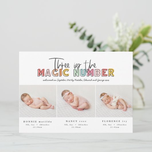 Collage photo faire-part de naissance triplet mode (Debout devant)