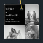 Collage photo mariage | Noël noir<br><div class="desc">Cette décoration de gardiennage fait une faveur spéciale pour vos invités mariages. Design comporte trois photos sur un arrière - plan noir sur le devant et une photo à fond plein sur le dos. Utilisez le modèle pour ajouter vos noms, date et lieu du mariage. Cet ornement de Noël fait...</div>