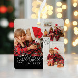 Collage photo minime joyeux Present Ruban Noir<br><div class="desc">Un beau collage photo minime ornement de Noël. Customisez avec trois de vos photos de famille préférées. Joyful est écrit dans une police de caractères moderne avec l'année et les noms sur le dos. Le cadeau parfait à offrir à votre famille pendant la saison des fêtes. Conçu par la papeterie...</div>