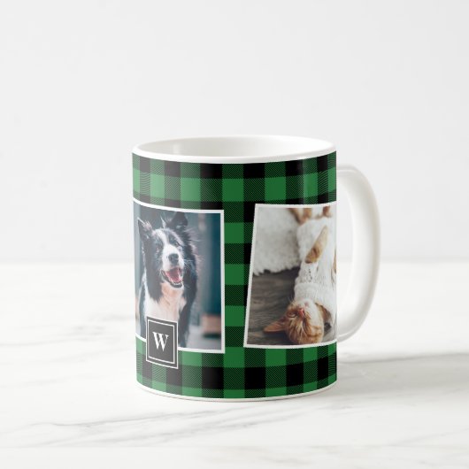 Collage photo Motif à plaid vert Monogramme Mug (Devant droit)