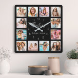 Collage photo personnalisé Black Silver Friendship<br><div class="desc">Faites de cette horloge murale de collage photo noir et argent tendance unique avec 12 de vos photos préférées avec votre meilleur(s) ami(s). Le design comprend également un script "Besties" écrit à la main et vos noms.</div>