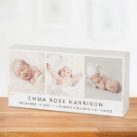 Collage photo pour bébé nouveau-né<br><div class="desc">Élégant et mignon porte-boîte en bois pour célébrer la naissance de votre nouveau-né. Personnalisez avec trois photos du bébé,  son nom et ses statistiques de naissance ou tout autre texte en typographie moderne simple. Un beau cadeau pour les nouveaux parents et grands-parents.</div>