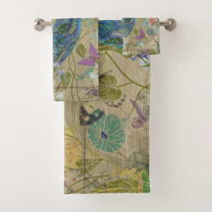 Collage rose vert-bleu en ivoire vintage de paon