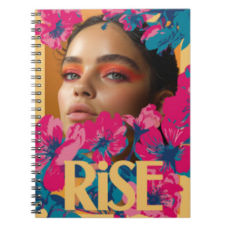 Collage van een vrouw met levendige bloemen notitieboek