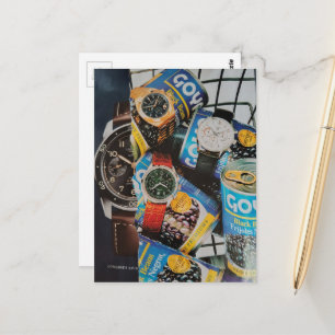 Collage van horloges en blikken goederen briefkaart