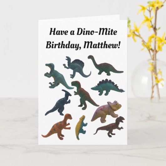 Collage van Plastic Speelgoed Dinosaurussen Custom Kaart (Gele Bloem)