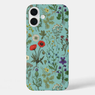 Collage van wilde bloemen op blauw iPhone 16 plus hoesje