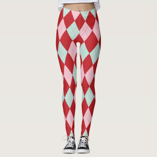 Collants à carreaux de Noël rouge rose et menthe (Devant)