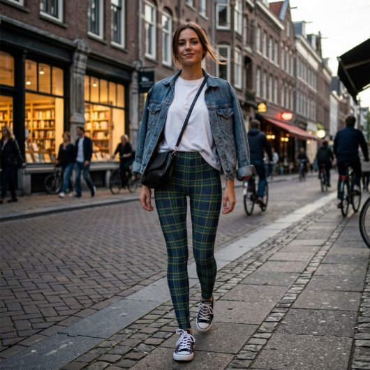 Collants à motif tartan vert et bleu