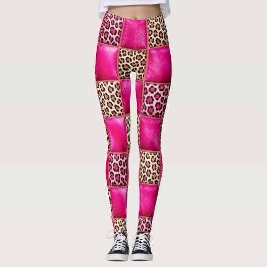Collants patchwork imprimé léopard rose vif (Devant)